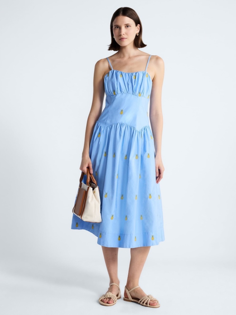 NWT Free Assembly Women’s Blue Tie Back Cotton Midi Dress with Drop Waist